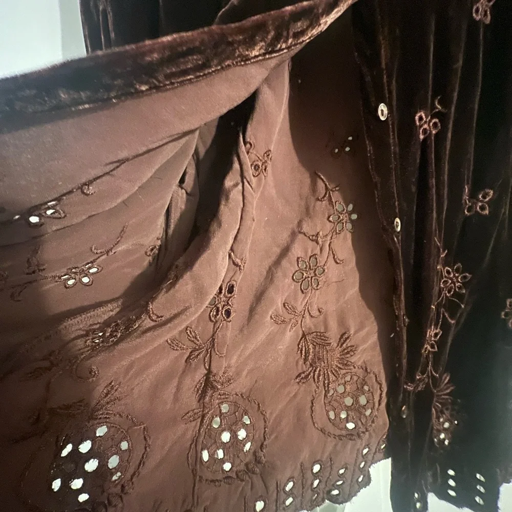 ECI Rich Brown Velvet Shirt with Floral Embroidery - Picture 7 of 10